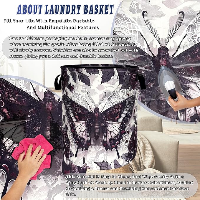 Purple Butterfly and Rose Flowers Laundry Basket Foldable Colorful Laundry Hamper With Handle Oxford Cloth Portable Clothes Storage Basket Laundry Bag 18.9"x16.5" For Laundry Room/Bedroom/Bathrooms
