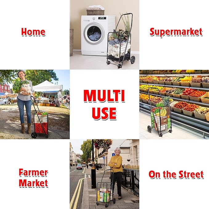 dbest Products Cruiser Cart Sport, Foldable Grocery Cart on Wheels,Multi-Use Collapsible Folding Laundry Basket with Wheels