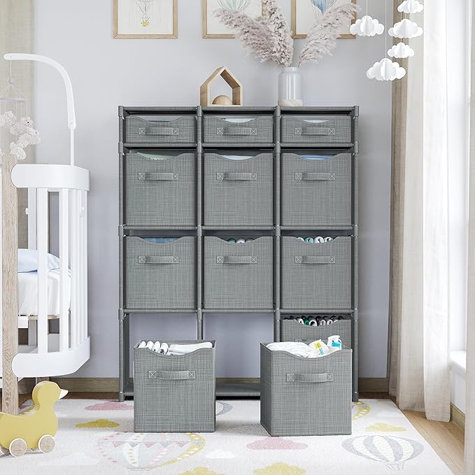 12 Cube Storage Organizer With Bins Included - Closet Storage With 12 Storage Bins - Easy To Assemble Storage Unit With Drawers - Closet Organization For Clothes, Bedroom, Nursery, & Toys (Grey)