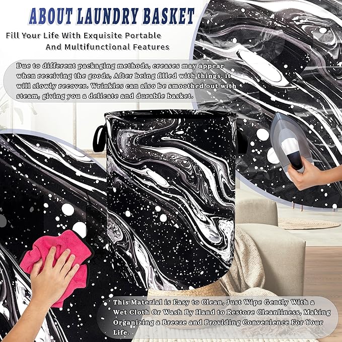 Black White Marble Laundry Basket Foldable Beautiful Pattern Laundry Hamper With Handle Oxford Cloth Portable Clothes Storage Basket Laundry Bag 18.9"x16.5" For Laundry Room/Bedroom/Bathrooms