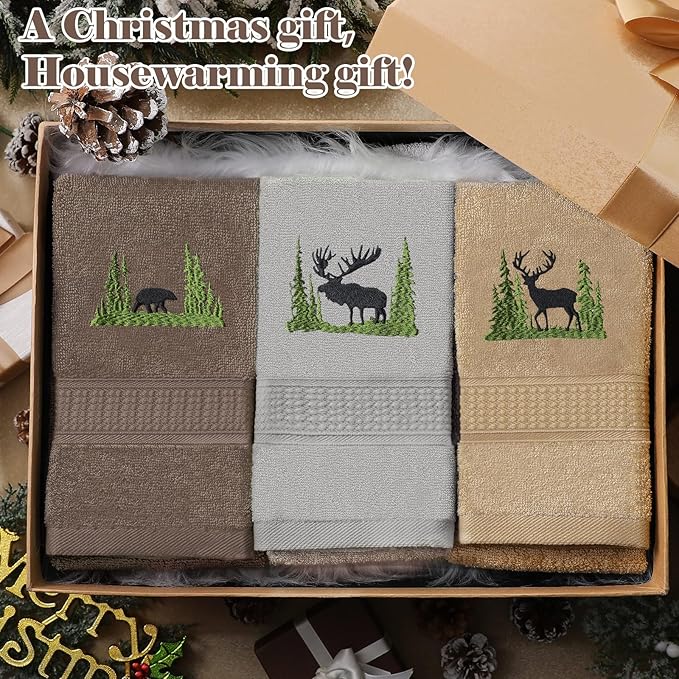 3 Pcs Farmhouse Cabin Bear Hand Towels Forest Moose Deer Embroidered Rustic Decorative Bathroom Towels for Bathroom Kitchen Decor, 100% Cotton, 13.3 x 29.5''