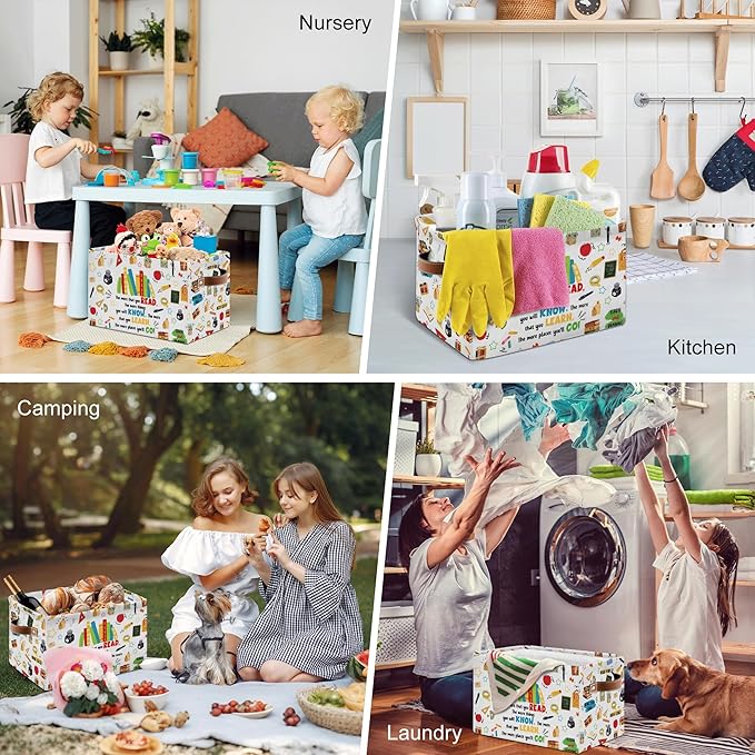 Reading Book Rectangle Storage Basket - Book Themed Collection Collapsible Storage Baskets with Handles - Reading Books Pattern Storages Bin for Kids Clothes, Gifts, Books,Toys