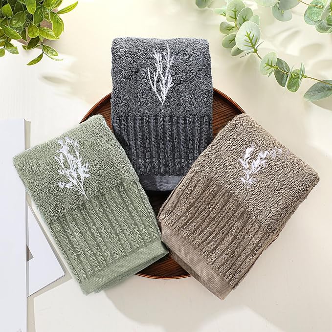3 Pcs Boho Botanical Hand Towels Bathroom Decor Retro Embroidered Minimalist Nature Floral Boho Decorative Towels for Bathroom Kitchen Decor, 100% Cotton, 13.3 x 29.5''