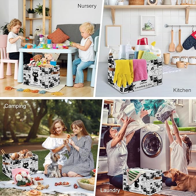Black Cat Rectangle Storage Basket - Cat Themed Collection Collapsible Storage Baskets with Handles - Cute Cats Toy Bins - Black Cats Pattern Storages Bin for Kids Clothes, Gifts, Books, Toys