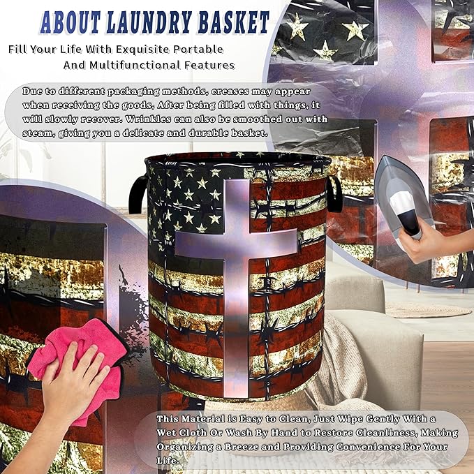 American Flag Cross Laundry Basket Foldable Christian Laundry Hamper With Handle Oxford Cloth Portable Clothes Storage Basket Laundry Bag 18.9"x16.5" For Laundry Room/Bedroom/Bathrooms