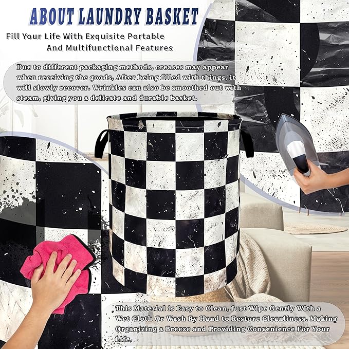 Funny White Checkered Laundry Basket Foldable Retro Black Squares Laundry Hamper With Handle Oxford Cloth Portable Clothes Storage Basket Laundry Bag 18.9"x16.5" For Laundry Room/Bedroom/Bathrooms