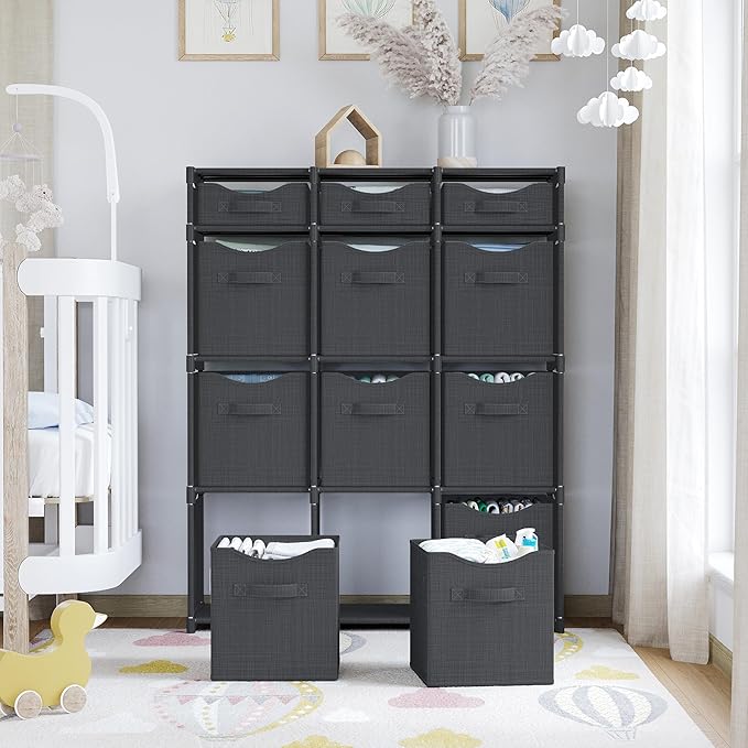 12 Cube Storage Organizer With Bins Included - Closet Storage With 12 Storage Bins - Easy To Assemble Storage Unit With Drawers - Closet Organization For Clothes, Bedroom, Nursery, & Toys (Dark Grey)