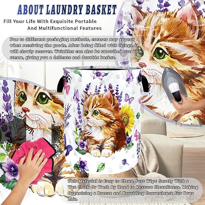 Cute Cats Laundry Basket Foldable Purple Flowers Butterfly Laundry Hamper With Handle Oxford Cloth Portable Clothes Storage Basket Animal Laundry Bag 18.9"x16.5" For Laundry Room/Bedroom/Bathrooms