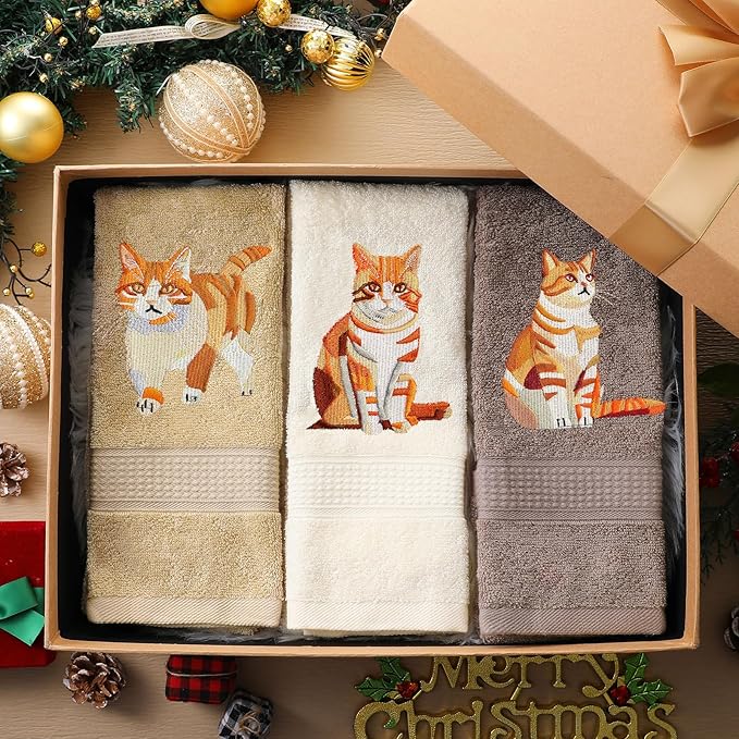 3 Pcs Orange Cat Hand Towels Bathroom Sets Decor Cute Orange Cat Lover Gifts Funny Decorative Farmhouse 100% Cotton Embroidered Towels for Women Bathroom Kitchen 13. 3 x 29. 5''