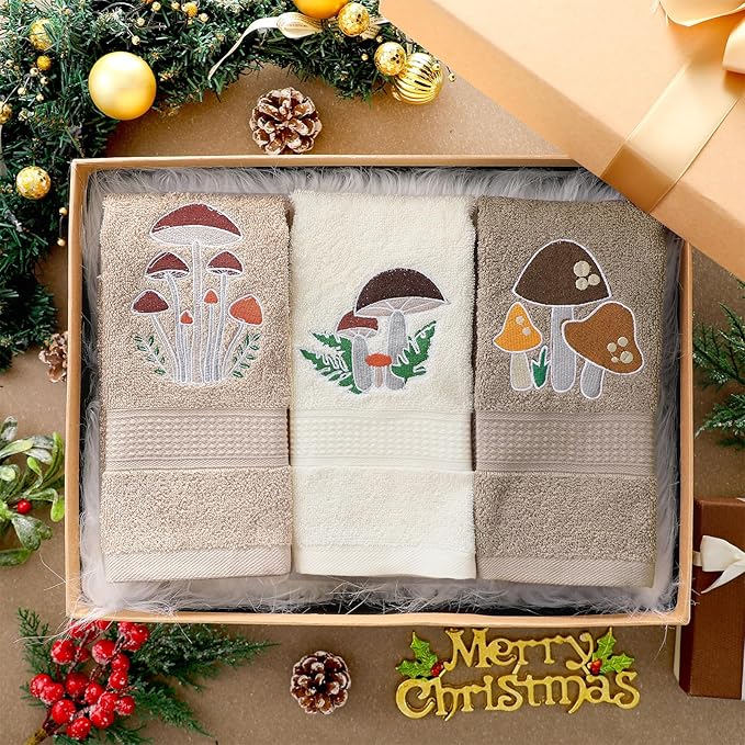 3 Pcs Mushroom Decorative Hand Towels for Bathroom Decor Mushroom Kitchen Towels Set Farmhouse 100% Cotton Embroidered Towel for Bathroom Kitchen 13.3 x 29.5''
