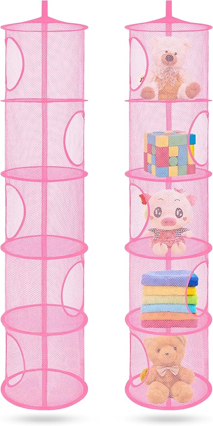 coastal rose Stuffed Animals Net or Toy Net Hammock, Foldable Stuffed Animals Storage 5 Compartments, Toy Storage Organizer for Plushies Organizer Mesh Kids Girls Room Decor, Pink