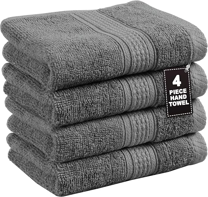 Grey Hand Towels for Bathroom - Pack of 4 (16" x 28") - 100% Cotton Double Stitched Edges - Ultra Soft, Quick Dry & Highly Absorbent - Everyday Comfort Hand & Face Towels for Family and Gym Use - Grey