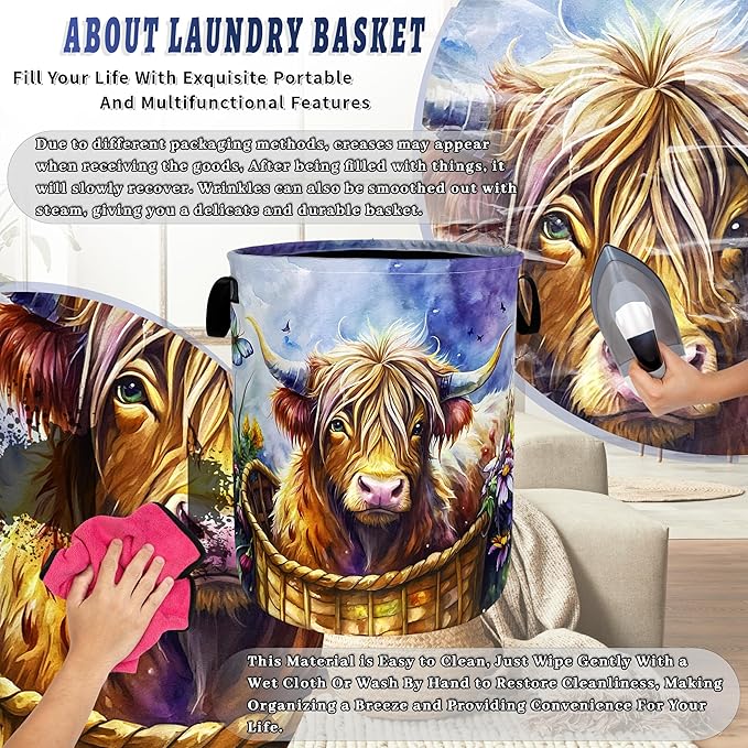 Highland Cow Purple Flowers Laundry Basket Foldable Animal Colorful Laundry Hamper With Handle Oxford Cloth Portable Clothes Storage Basket Laundry Bag 18.9"x16.5" For Laundry Room/Bedroom/Bathrooms