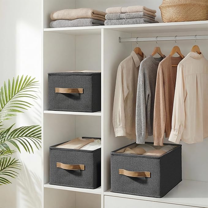 3 Pack Fabric Storage Bins for Shelves | 16.25x12x10in Closet | Collapsible Bins for Organization | Linen Clothes Storage Bins | Black