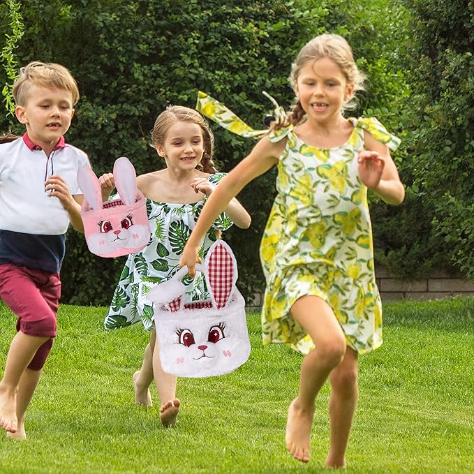 LUBOT Easter Basket for Kids 3D (9inch*9inch) Plush Bunny Baskets with Foldable Ears Egg Hunts bucket for Boys and Girls Easter Decoration Bag Gift, Pink