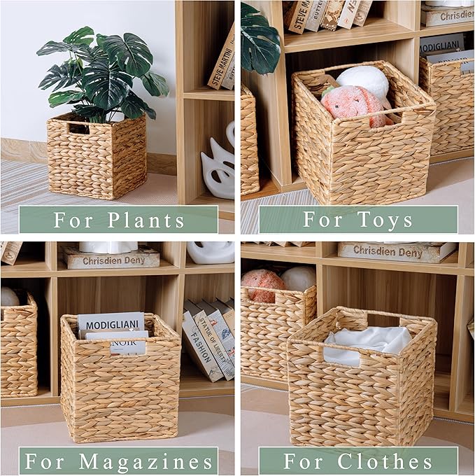 10.5x10.5 Water Hyacinth Storage Baskets, Collapsible Square Wicker Baskets Cube Storage Bins for IKEA Kallax, Set of 3