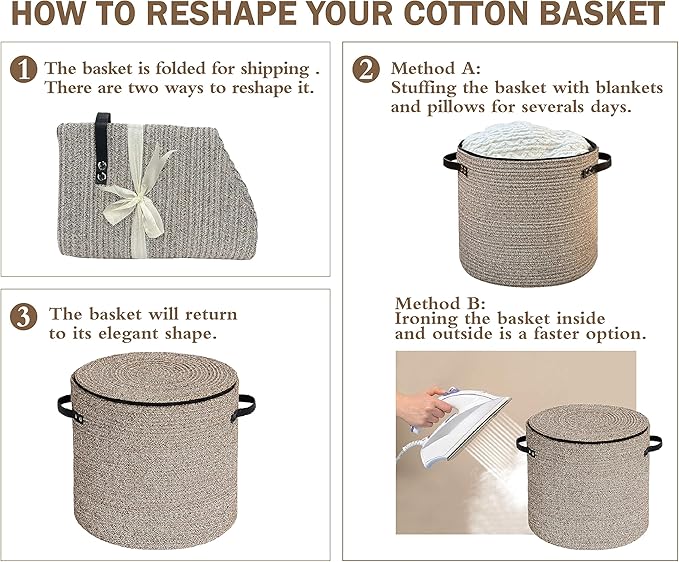 Cotton rope Storage Basket with Zipper cover & Woven baskets with Lid easy to move Multi-Purpose Storage Basket for Living Room, 13 x14 inches(Pink+White)