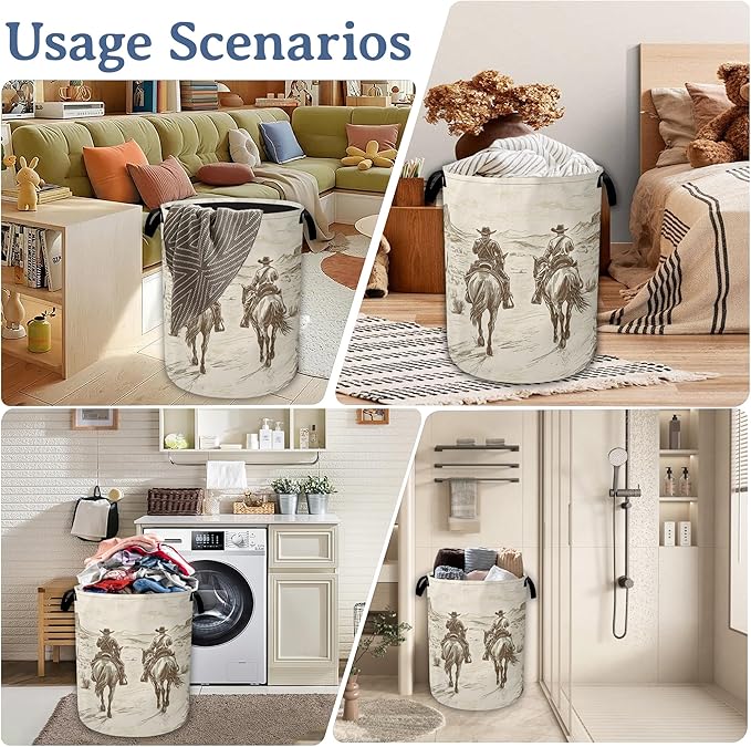 Western Cowboy Laundry Hamper With Handle,Foldable Oxford Cloth Horse Desert Laundry Basket,20.8"x16" Clothes Storage Basket for Laundry Room/Bedroom/Bathroom