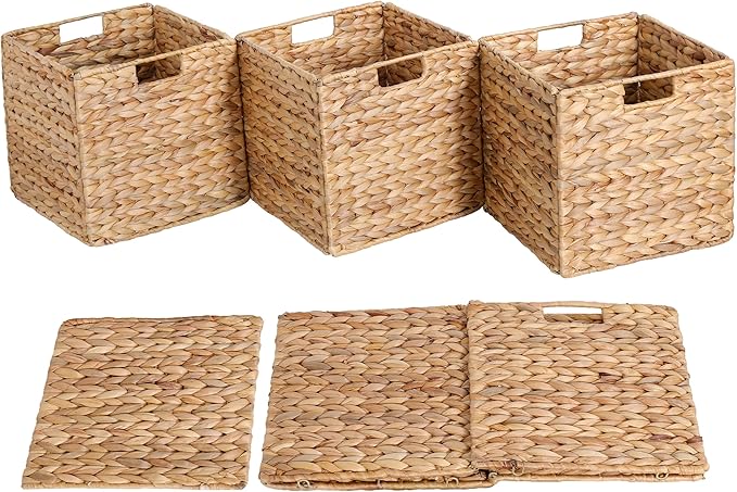 12 x 12 x 12in Water Hyacinth Storage Baskets, Wicker Storage Baskets for Shelves, Foldable Square Bins for IKEA Kallax Set of 3, Large Cubby Rattan Basket, Wicker Basket for Organizing