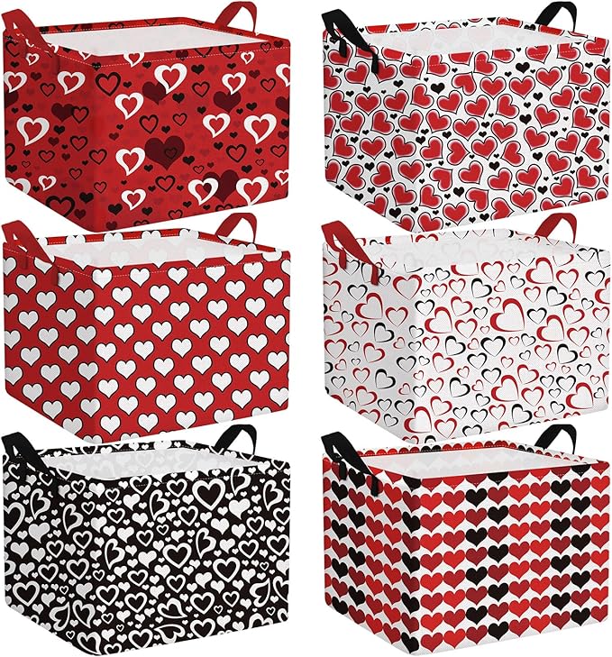 Youyole 6 Pcs Galentine's Day Gifts Basket Set Valentine's Day Storage Bins Red Heart Empty Gifts Basket Organizer with Love Pattern Valentine Decorative Container Box with Handle for Closet Shelf
