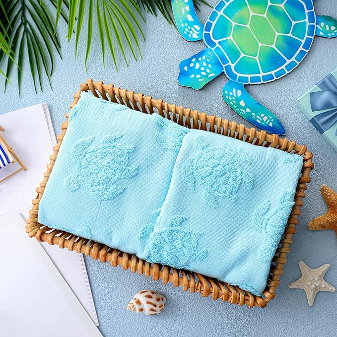 2pcs Sea Turtle Hand Towels for Bathroom 100% Cotton Jacquard Weave Bath Towel Set Soft Absorbent Dish Washcloth for Bathroom Kitchen Beach Summer Theme Gifts 13.8 x 29.5 Inch (Blue)