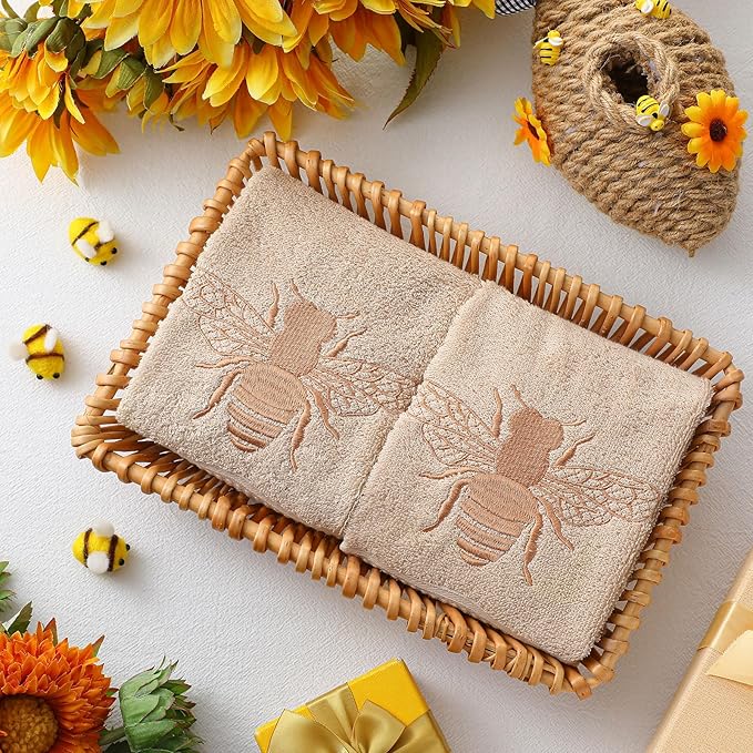 2 Pcs Bee Hand Towels Brown Bathroom Decor 14x29 Inch Embroidered 100% Cotton Soft Absorbent Spring Summer Decorative Hand Towels for Bathroom Kitchen