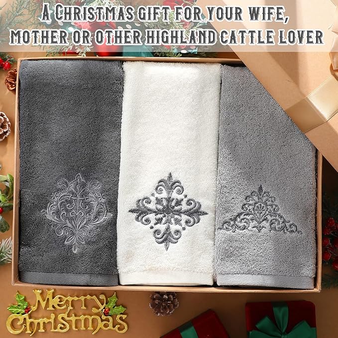 3 Pcs Decorative Gray Hand Towels for Bathroom Kitchen 13.3 x 29.5'' Farmhouse Damascus Luxury Embroidered 100% Cotton Towels Art Decor for Bathroom Kitchen