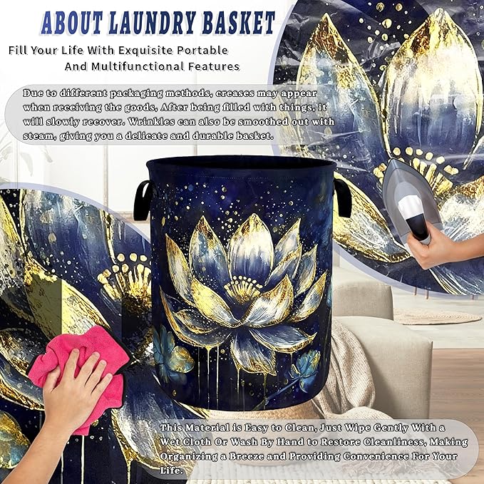 Lotus Flower Laundry Basket Foldable Watercolor Lotus Leaf Laundry Hamper With Handle Oxford Cloth Portable Clothes Storage Basket Laundry Bag 18.9"x16.5" For Laundry Room/Bedroom/Bathrooms