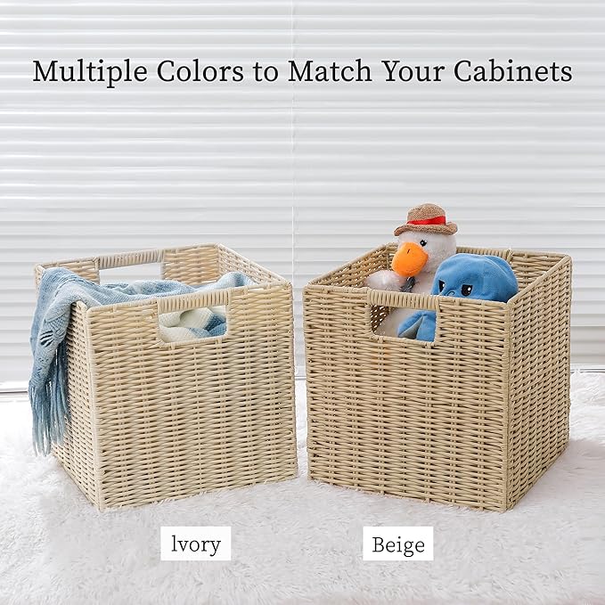 TAIMEI&G02 10.5 x 10.5 in Plastic Wicker Baskets for Cube Storage, Collapsible Square Wicker Storage Basket Set of 4, Rattan Storage Cube, Square Baskets for Shelves - lvory