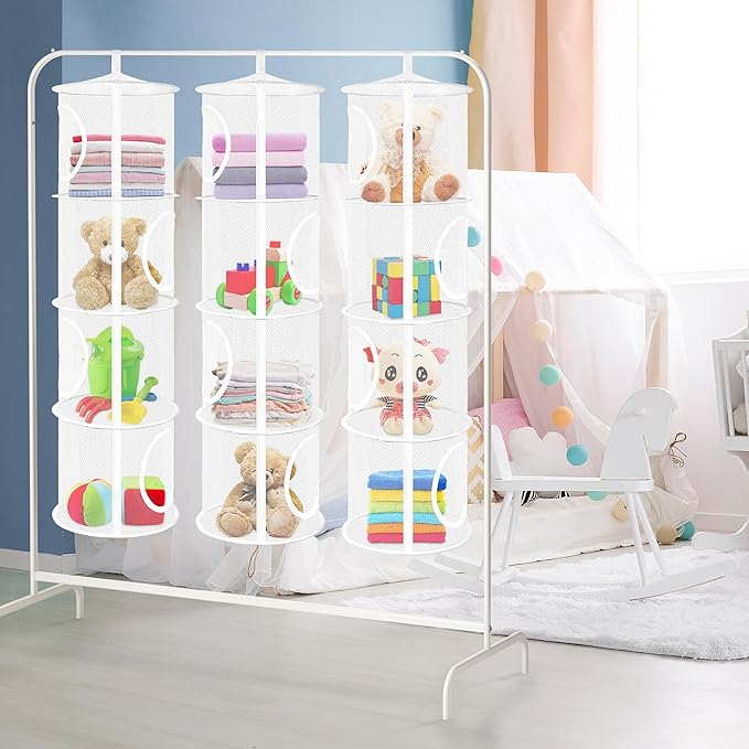 3Pcs Stuffed Animal Storage Foldable Stuffed Animal Net or Hammock Organizer, 4 Compartments Hanging Toy Storage Organizer, Toy Organizer for Kid Room Toys, Gloves, Hats, Socks(White)