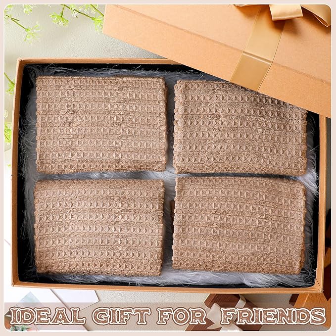 4 Pack Brown Hand Towels Waffle Striped Pattern 100% Cotton Soft Hand Towels for Bathroom 13 x 29 Inch Absorbent Waffle Washcloths for Bathroom Kitchen