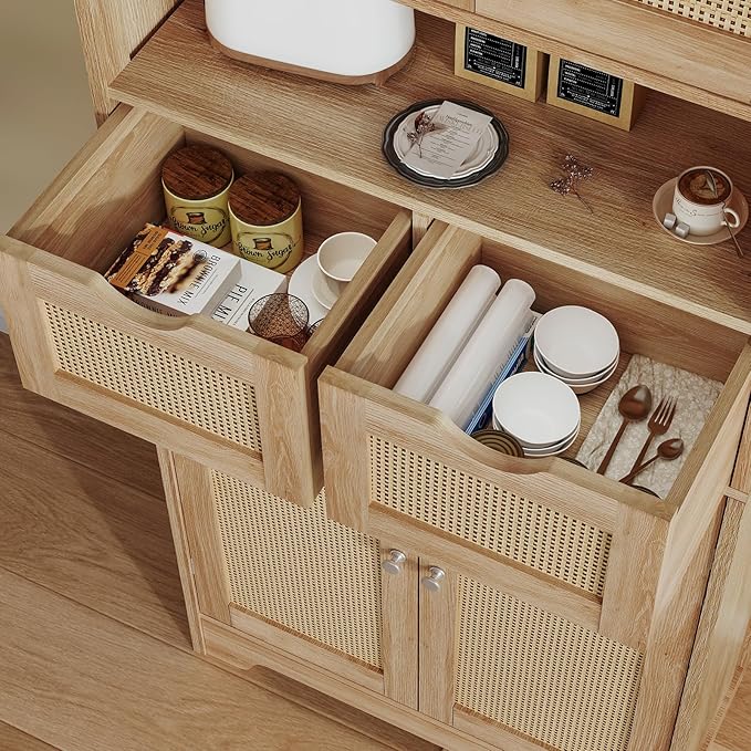 WEENFON 57.8" H Tall Storage Cabinet with 2 Drawers & 2 Adjustable Shelves, Rattan Cabinets with 4 Doors, Cupboard, Kitchen Cabinets, Pantry Cabinet, Tall Cabinet for Living Room, Entryway, Natural
