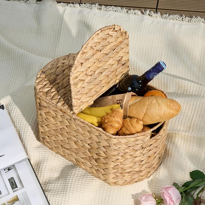 Woven Laundry Basket with Lid - Large Wicker Hamper with Lid for Clothes Storage - Round Rattan Laundry Hamper - Water Hyacinth Storage Basket with Lid (Natural Brown, 16.1x10.2x8.3 in)
