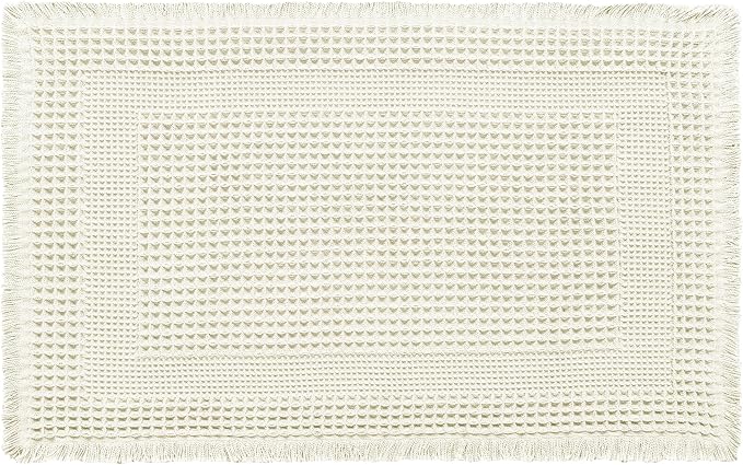 Hiasan Set of 2 Waffle Bath Mat, Super Absorbent Non Slip Bathroom Boho Rug with Tassels, Machine Washable Bath Mats for Bathroom, Ultra Soft Rubber Backed Rug, Loop-White, 16" x 24" + 20" x 32"