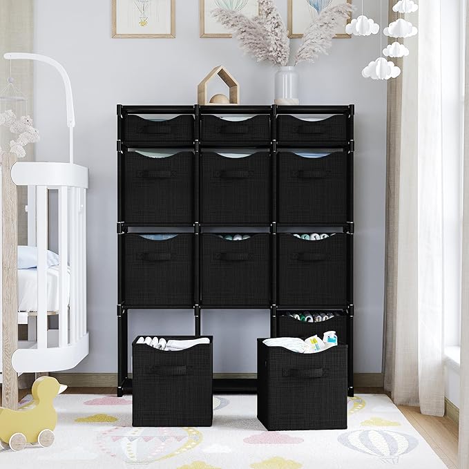 12 Cube Storage Organizer With Bins Included - Closet Storage With 12 Storage Bins - Easy To Assemble Storage Unit With Drawers - Closet Organization For Clothes, Bedroom, Nursery, & Toys (Black)