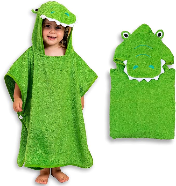Hudz Kidz Premium Hooded Towel Poncho for Kids & Toddlers, Soft 100% Cotton, Ideal at Bath, Beach, Pool (Green Croc)