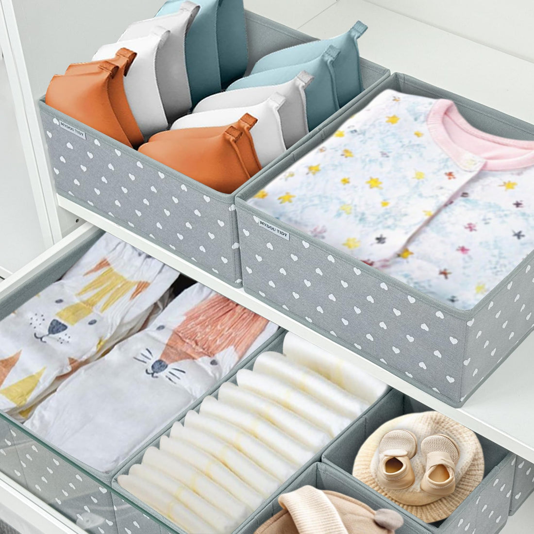The Secret to a Dreamy Nursery: Organize Everything from Diapers to Onesies with Grey Heart Storage Bins.