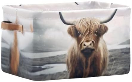 YETTASBIN Highland Cow Storage Basket 1pc, Large Collapsible Toys Clothes Organizer, Durable Canvas Storage Bin with Handle for Shelves Closet Laundry Home Office Decor