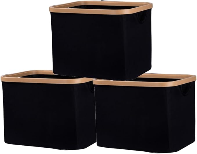 50L Foldable Laundry Basket,Versatile Storage Basket with Bamboo Borders for Bedroom,Office,Dorm.Great for Use as a Hamper with Lid, Towel Hamper for Wet Towels,Black,Uncapped,3 Pack