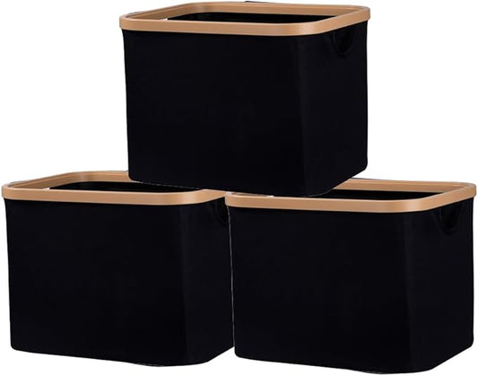 50L Foldable Laundry Basket,Versatile Storage Basket with Bamboo Borders for Bedroom,Office,Dorm.Great for Use as a Hamper with Lid, Towel Hamper for Wet Towels,Black,Uncapped,3 Pack