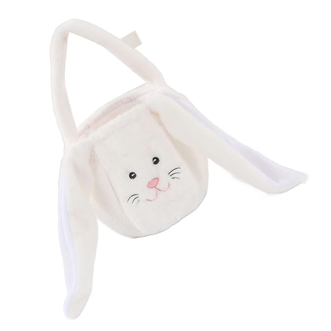 Plush Easter Bunny Basket, Children Easter Basket with Long Ears, Cute Cartoon Rabbit Plush Bag for Easter Egg Hunt, Soft and Durable Easter Bunny Gift for Kids (White)