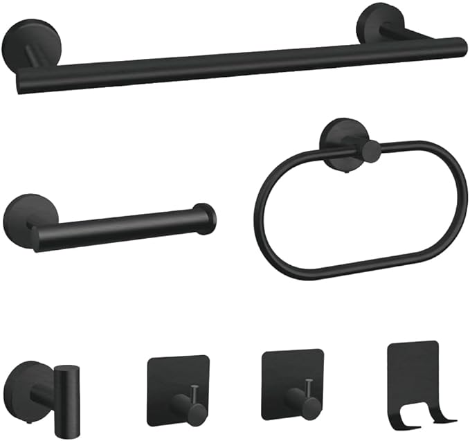 7-Piece Bathroom Accessory Set self-Adhesive Brushed Black Bathroom Hardware, Bath Towel Bar Set, Towel Racks for Bathroom, Wall Mounted