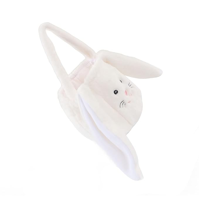 Plush Easter Bunny Basket, Children Easter Basket, Cute Cartoon Long Ears Bunny Egg Basket with Soft Plush Material, Perfect for Easter Egg Hunt and Festive Decorations (White)