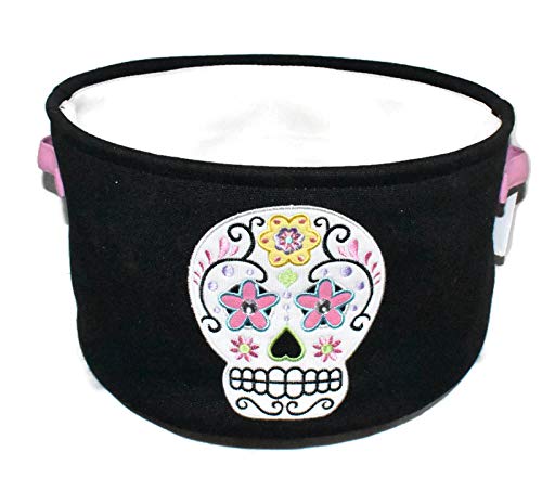 New 15" Embroidered Sugar Skull Face Fabric Halloween Decorative Basket with Pink Handles