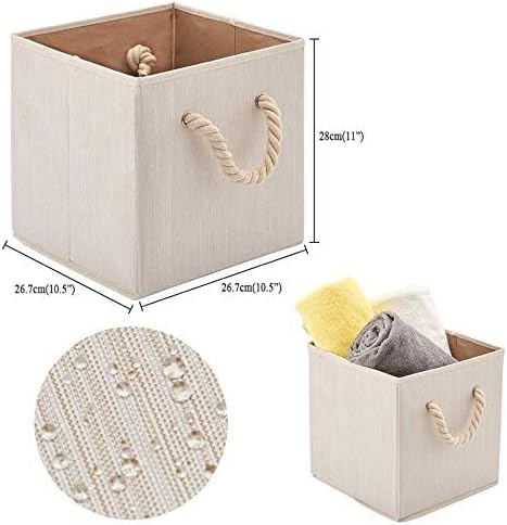Foldable Bamboo Fabric Storage Bins [set of 4] with Cotton Rope Handles, Collapsible Organizer Boxes Basket - 10.5 x 10.5 x11 inch (Beige)