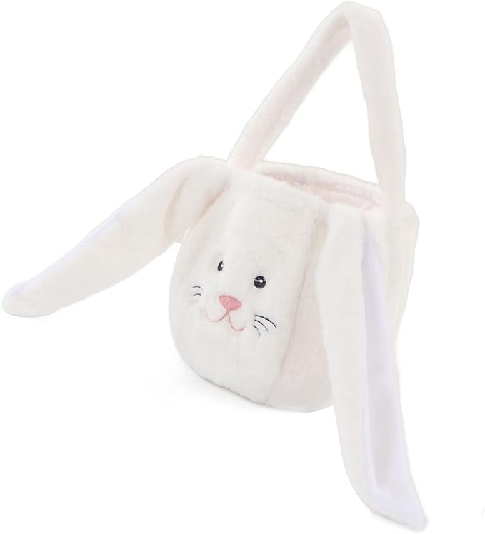 Spryflower Plush Easter Bunny Basket, Children Easter Basket, Cute Cartoon Long Ears Bunny Egg Basket, Soft Plush Easter Gift Bag for Kids, Perfect for Easter Egg Hunt and Family Gath (White)