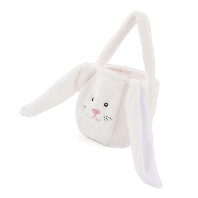 Plush Easter Bunny Basket, Children Easter Basket, Cute Cartoon Long Ears Bunny Egg Basket with Soft Plush Material, Perfect for Easter Egg Hunt and Festive Decorations (White)