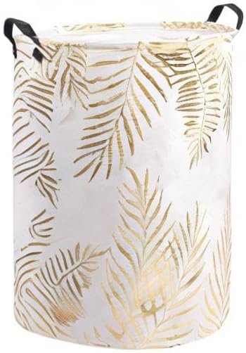 UUJOLY Collapsible Laundry Basket, Laundry Hamper with Handles Waterproof Round Cotton Linen Laundry Hamper Printing Household Organizer Basket, 19.7x15.7 inches (Gold leaf)