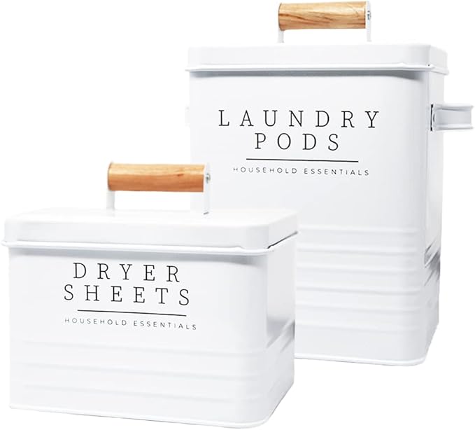 Farmhouse Metal Laundry Pods Container with Dryer Sheet Holder for Laundry Room Organization and Storage, Farmhouse Decor, Eco Frendly,Holds 200 Laundry Pods and 300 Dryer Sheets