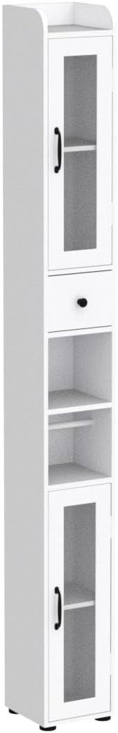 Maupvit Bathroom Storage Cabinet with 2 Frosted Glass Doors, Tall Narrow Storage Cabinet with Doors and Shelves Adjustable, Slim Bathroom Cabinet for Small Spaces, 8 Compartments (White)